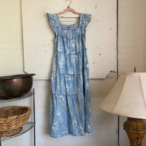 Old Navy | Blue Floral Flutter-Sleeve Floral Tiered Smocked Midi Swing Dress XS - Picture 3 of 8